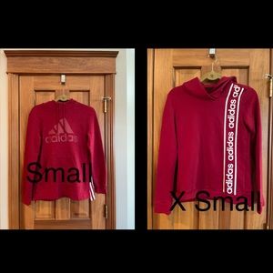 Bundle of Two Red Adidas Hoodie Sweatshirts, one S, the other XS